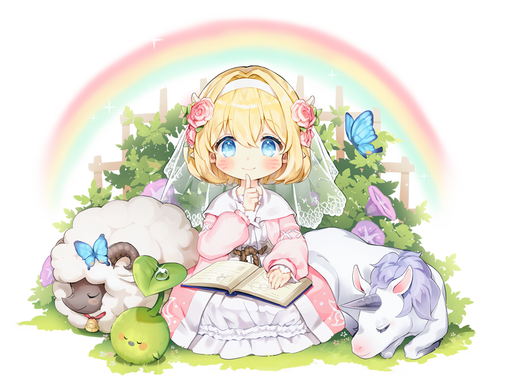blonde_hair, blue_eyes, blush, book_on_lap, breasts, bug, bush, butterfly