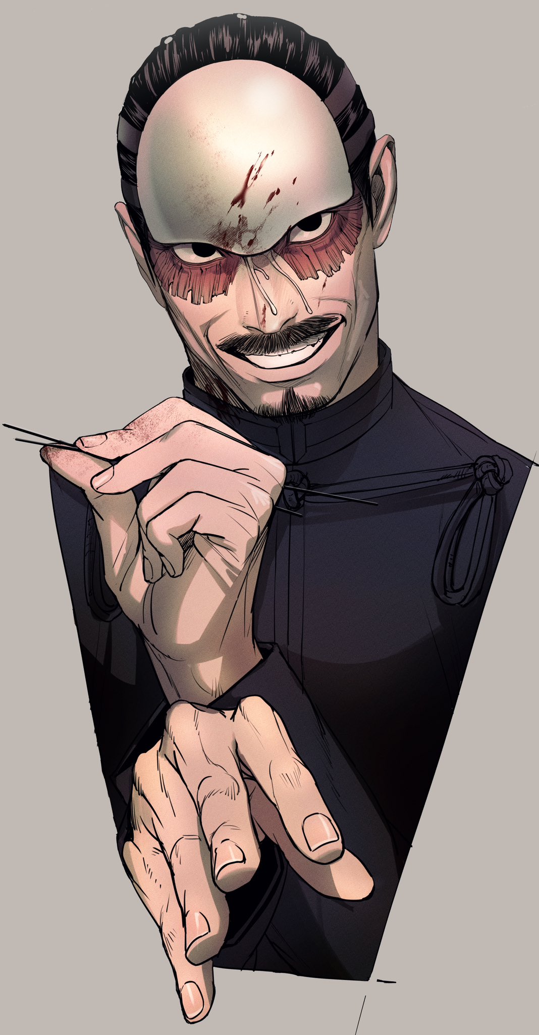 1boy, black_hair, collared_jacket, cropped_torso, facial_hair, forehead_protector, gimgyeon_(dog_0987), goatee, golden_kamuy, grin, hair_slicked_back, hands_up, highres, holding, imperial_japanese_army, jacket, looking_at_viewer, male_focus, mustache, scar, scar_on_face, short_hair, simple_background, smile, solo, tsurumi_tokushirou