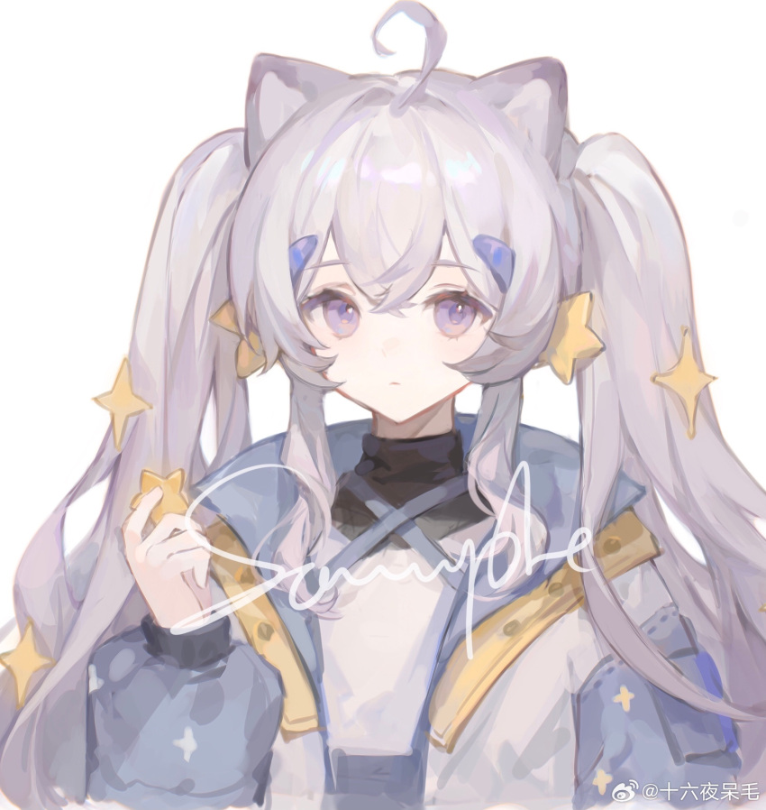1girl, ahoge, animal_ears, black_undershirt, blue_coat, blue_sleeves, bu_jie_cha, buttons