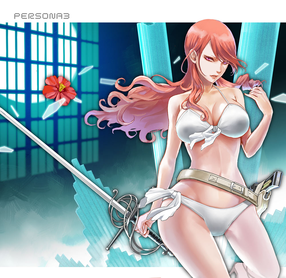 bikini, breasts, brown_eyes, brown_hair, crossdraw_holster, dan_(toupe), flower, front-tie_top