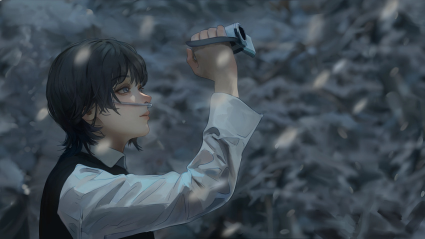 1girl, absurdres, black_hair, black_vest, blue_eyes, blurry, blurry_background, blush