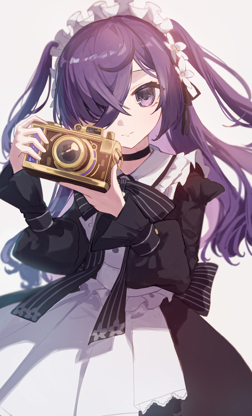 1girl, absurdres, black_choker, black_ribbon, camera, choker, closed_mouth, flower, hair_over_one_eye, hair_ribbon, highres, holding, holding_camera, long_sleeves, looking_at_viewer, maid_headdress, memory_(monster_strike), monster_strike, pia_nano, purple_hair, ribbon, smile, solo, two_side_up, violet_eyes, white_flower