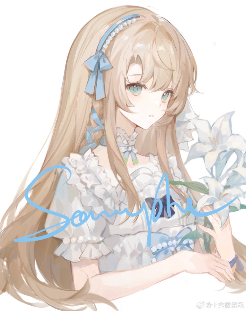 1girl, aqua_eyes, asymmetrical_bangs, beads, black_bow, blonde_hair, blue_bow, blue_bowtie
