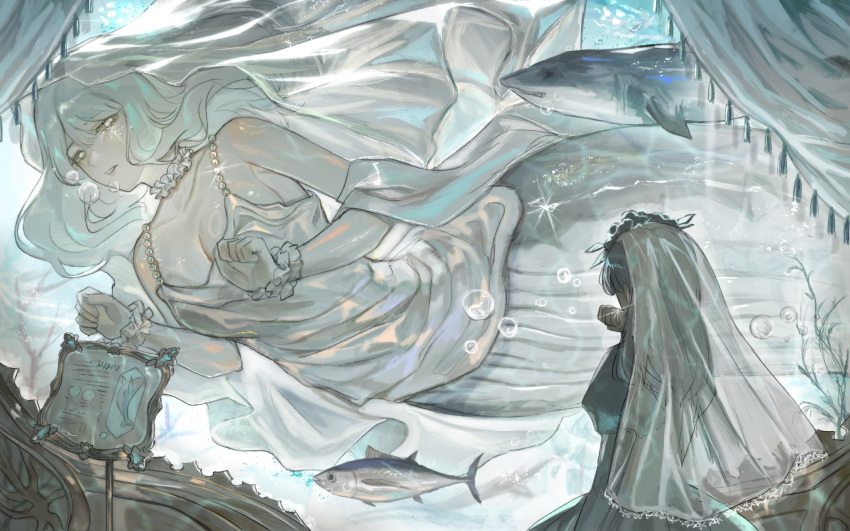2girls, air_bubble, animal, aquarium, blue_background, blue_hair, bridal_veil, bubble