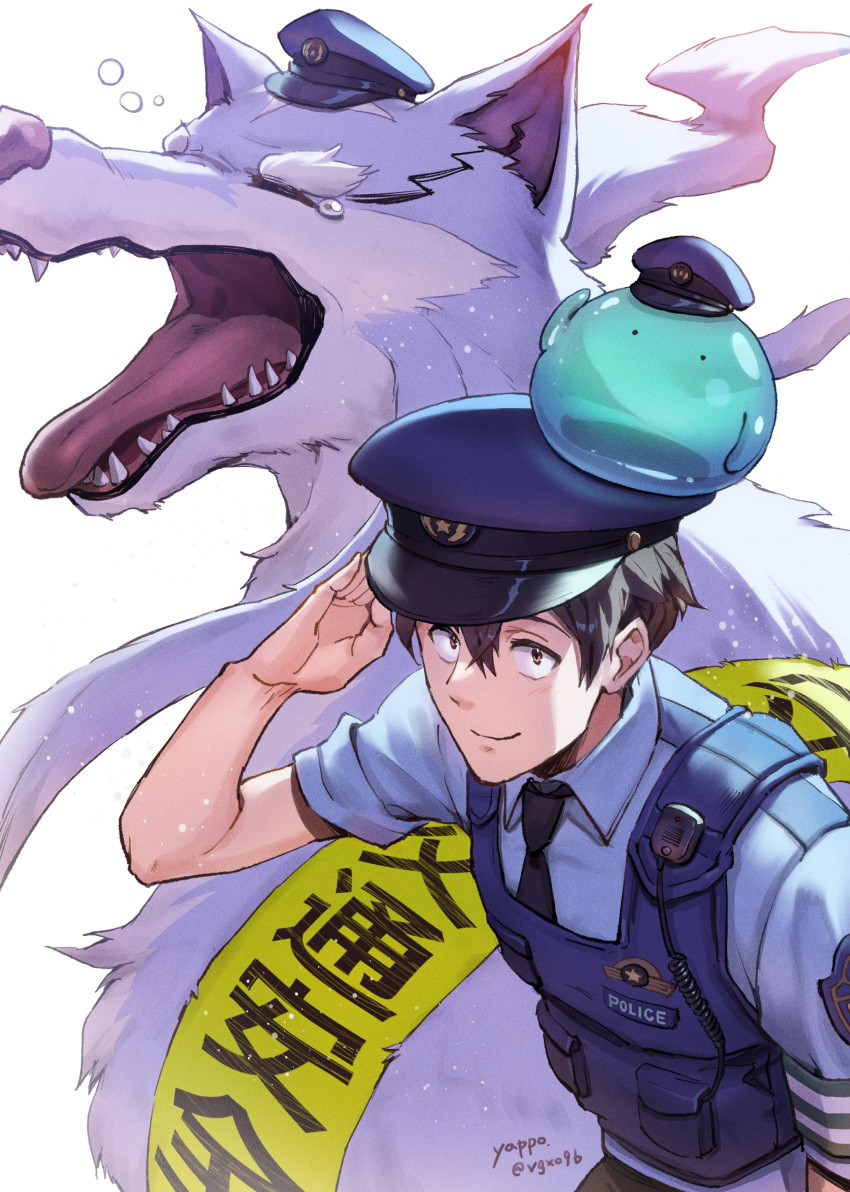 1boy, absurdres, animal_on_head, artist_name, black_hair, black_necktie, blue_shirt, brown_eyes