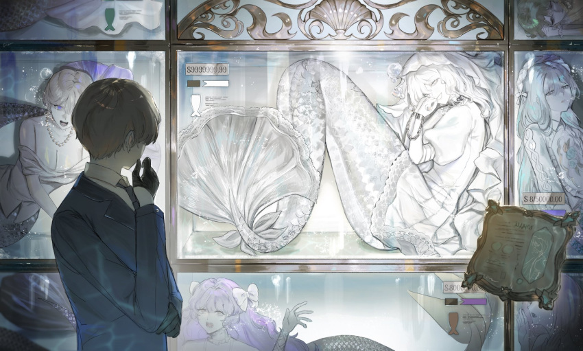 2girls, 2others, 3boys, air_bubble, auction, black_gloves, blue_suit, bow, bridal_veil, bride_mermaid_(cindymeimezu), brown_hair, bubble, cindymeimezu, collared_jacket, collared_shirt, colored_skin, crossdressing, cuffs, dress, english_commentary, facing_another, facing_away, fins, fish_tank, full_body, gloves, grey_scales, grin, hair_bow, half_gloves, handcuffs, hands_up, highres, indoors, jacket, jewelry, lace_trim, long_hair, long_sleeves, looking_at_viewer, male_focus, mermaid, merman, monster_boy, monster_girl, multiple_boys, multiple_girls, multiple_others, necklace, necktie, open_mouth, original, otoko_no_ko, pearl_necklace, puffy_short_sleeves, puffy_sleeves, purple_hair, scales, shirt, short_hair, short_sleeves, sitting, smile, submerged, suit, veil, violet_eyes, water, white_dress, white_eyes, white_hair, white_scales, white_skin