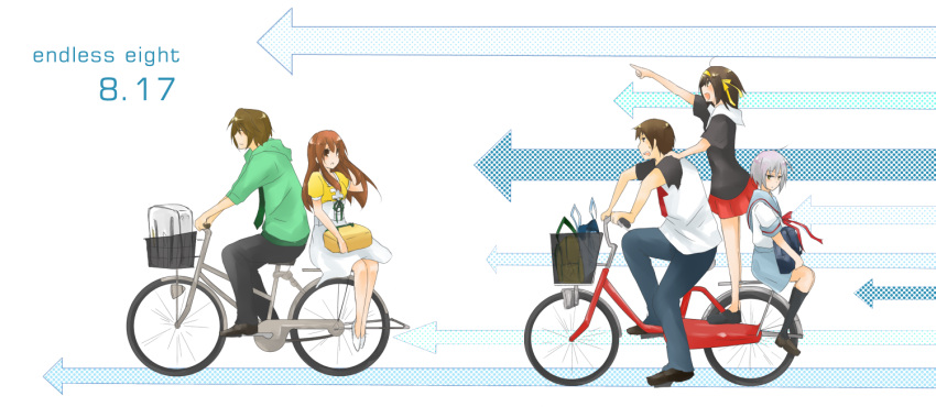 3girls, asahina_mikuru, bicycle, casual, directional_arrow, endless_eight, flats, koizumi_itsuki, kyon, multiple_boys, multiple_girls, nagato_yuki, riding, school_uniform, shirase, shirase_(azure), suzumiya_haruhi, suzumiya_haruhi_no_yuuutsu