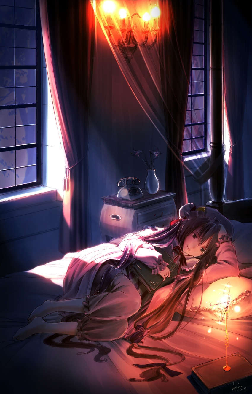 bed, book, bow, chandelier, crescent, crescent_moon, curtains, drawer