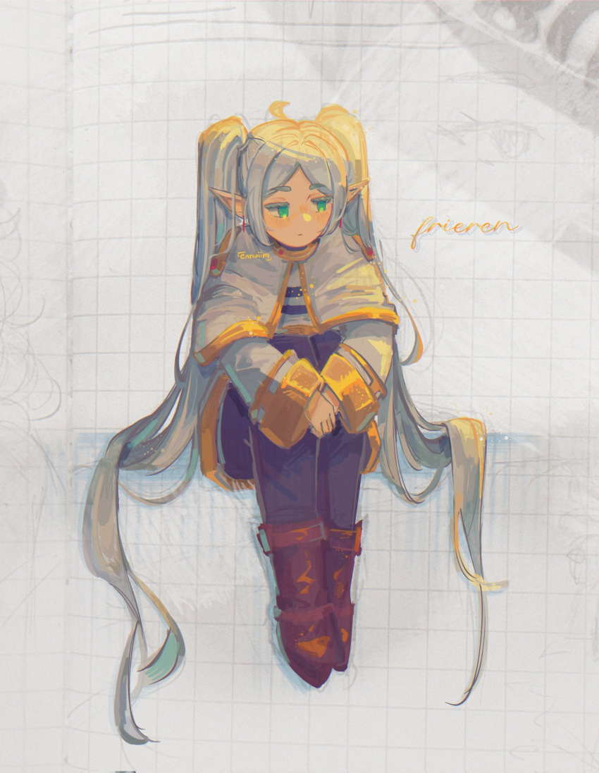 1girl, artist_name, black_pantyhose, boots, brown_footwear, capelet, character_name, closed_mouth, commentary, english_commentary, frieren, full_body, graph_paper, green_eyes, grey_hair, highres, light_blush, long_hair, own_hands_together, pantyhose, phos_(ennuuiim), pointy_ears, shirt, sitting, solo, sousou_no_frieren, thick_eyebrows, twintails, white_capelet, white_shirt