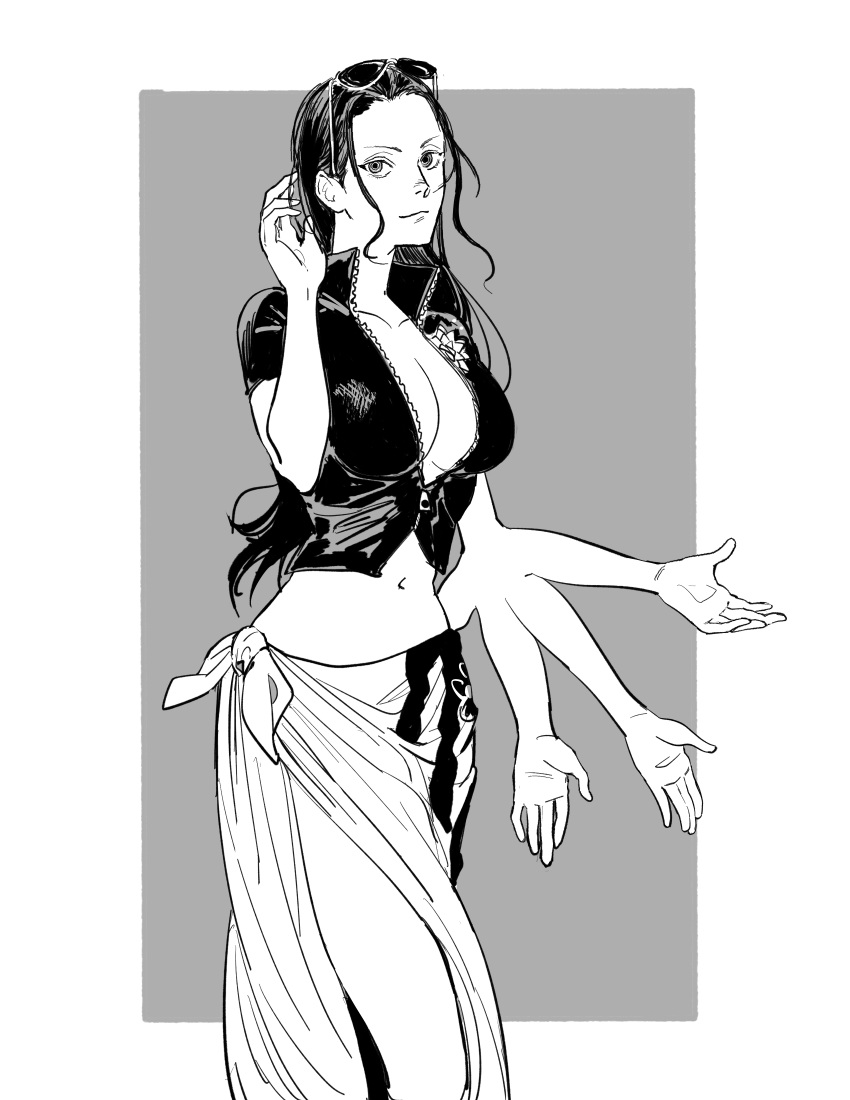 1girl, absurdres, cowboy_shot, english_commentary, extra_arms, grey_background, greyscale, hair_slicked_back, highres, light_smile, long_hair, looking_at_viewer, loose_hair_strand, monochrome, nico_robin, one_piece, rectangle, sarong, simple_background, solo, vest, yao_yasan