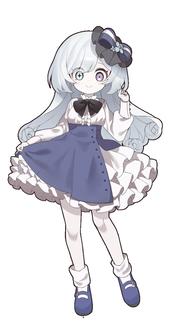 122pxsheol, 1girl, ankle_socks, black_ribbon, blue_footwear, blue_hair, blush_stickers, clione_myosotis