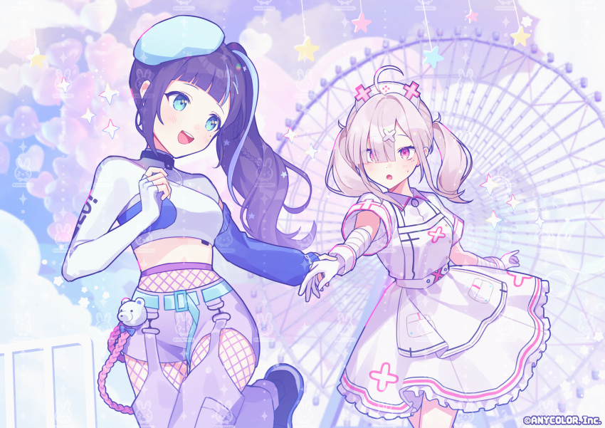 2girls, ahoge, aiba_uiha, aiba_uiha_(5th_costume), apron, bandaged_arm, bandages, belt