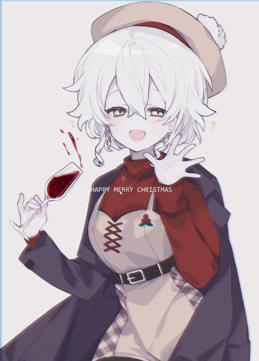 1girl, :d, belt, beret, black_coat, coat, cup, drinking_glass