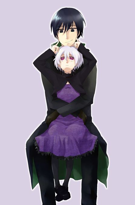 1girl, black_eyes, black_hair, coat, couple, crossed_arms, darker_than_black, dress, fingersmile, gloves, hair_ribbon, hei, hug, hug_from_behind, looking_up, lowres, na_ma, pantyhose, purple_eyes, ribbon, silver_hair, simple_background, sitting, sitting_on_lap, sitting_on_person, violet_eyes, yin