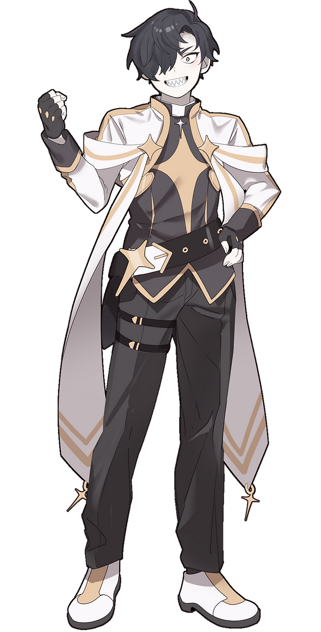 122pxsheol, 1boy, :d, black_hair, black_pants, blue_eyes, clenched_hand, enoch_apis, hair_over_one_eye, hand_on_own_hip, happy_saint_sheol, highres, looking_at_viewer, official_art, pants, sanpaku, shark_tooth, smile, solo, standing, star_(symbol), thigh_strap, turtleneck