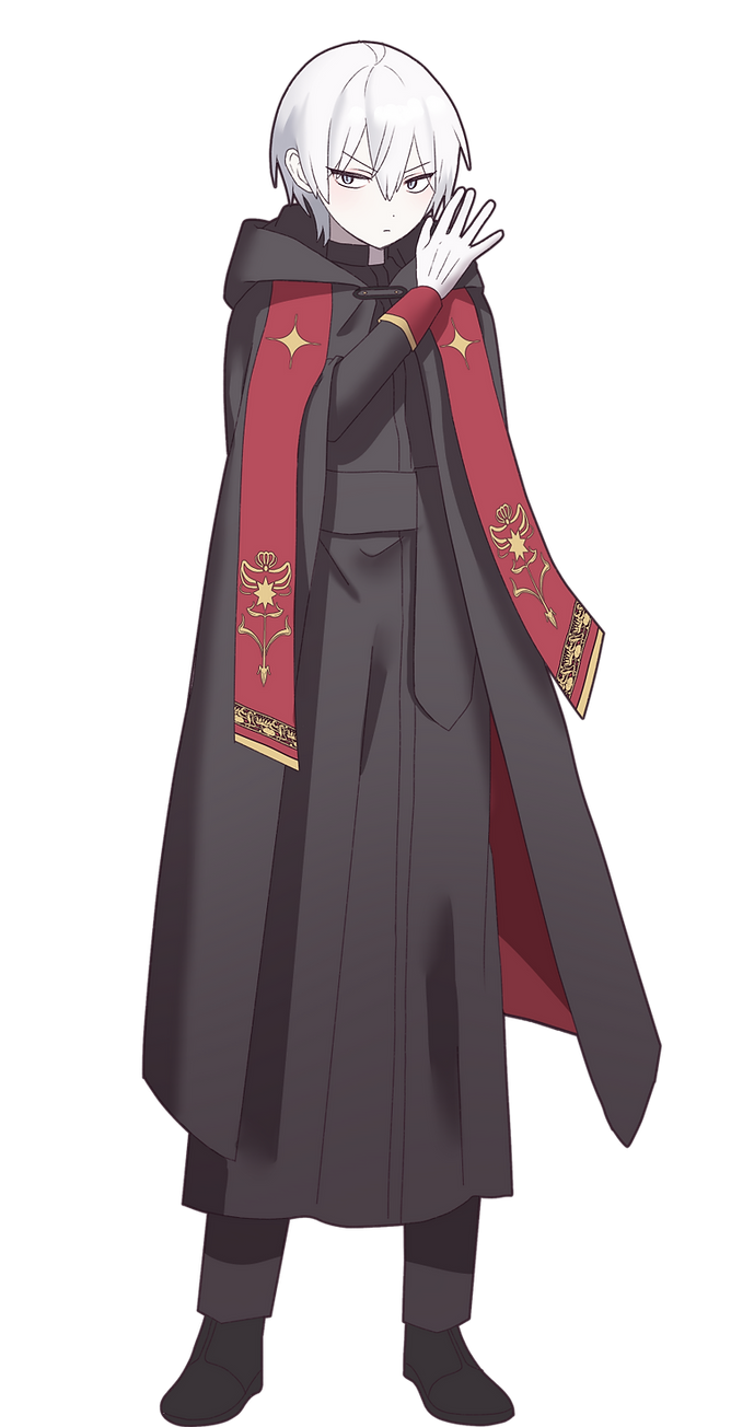 >:(, 122pxsheol, 1boy, amii_eckaran, black_cape, blue_eyes, cape, hand_up, happy_saint_sheol, highres, official_art, priest, red_scarf, scarf, short_hair, solo, spread_fingers, standing, v-shaped_eyebrows, white_hair