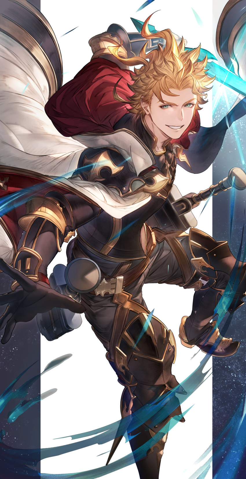 1boy, absurdres, armor, armored_boots, black_gloves, black_pants, blonde_hair, blue_eyes
