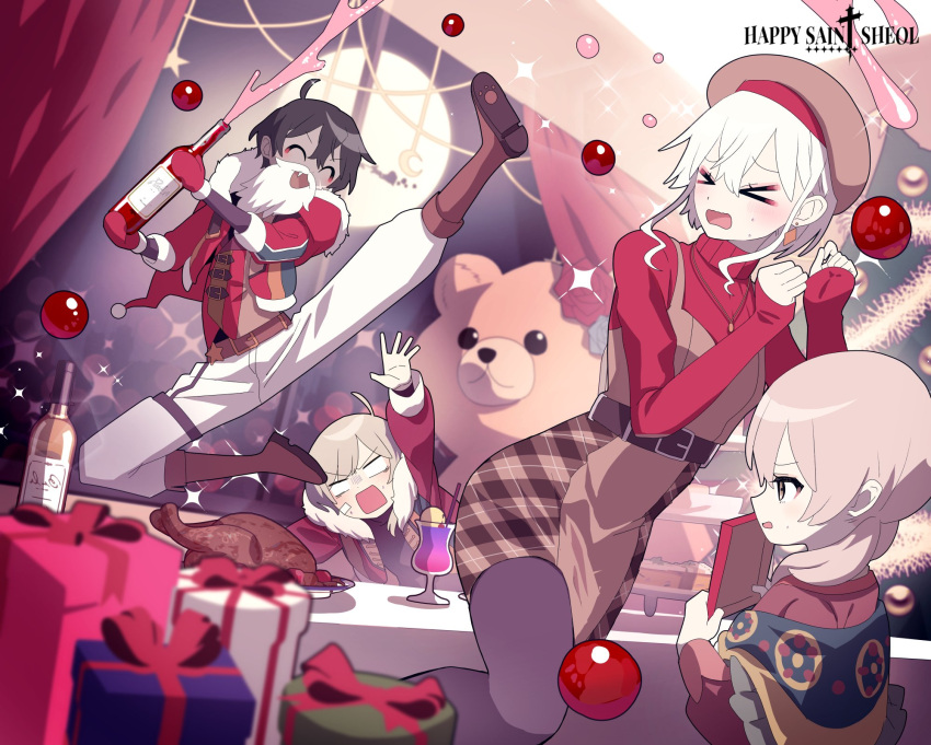 >_<, 122pxsheol, 2boys, 2girls, ^_^, ahoge, bandaid, bandaid_on_face