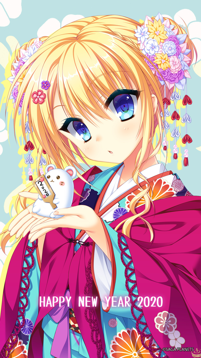 1girl, 2020, alternate_costume, alternate_hairstyle, animal, blonde_hair, blue_eyes, blue_kimono