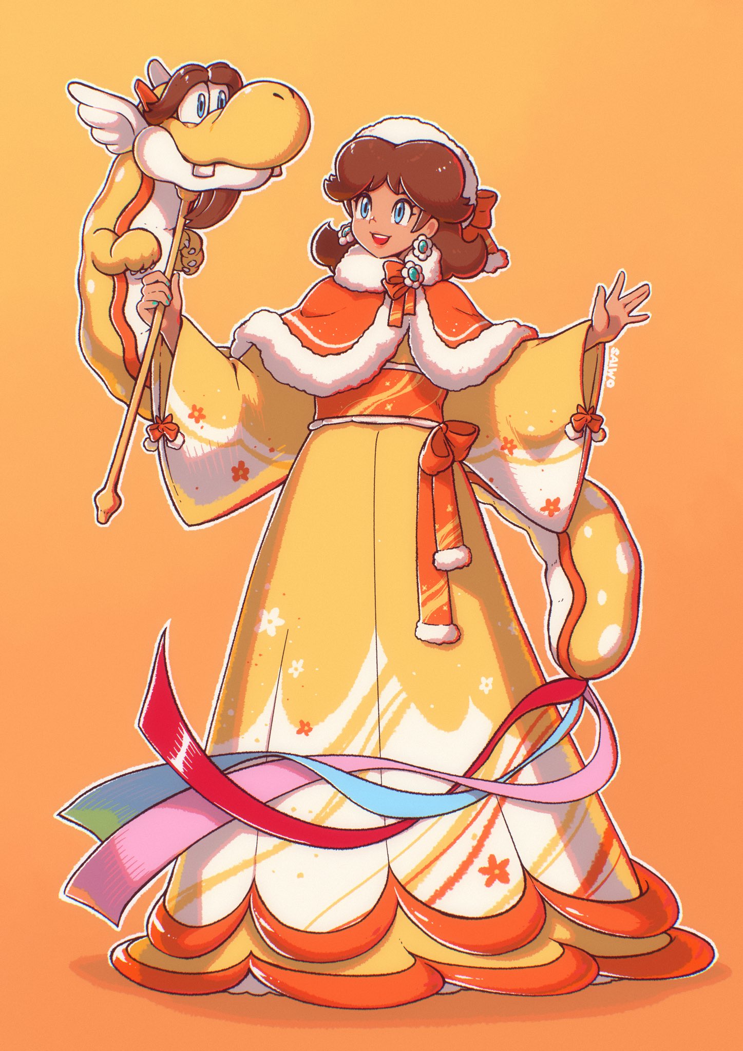 alternate_costume, ancient_dragon_(mario), blue_eyes, bow, brown_hair, chinese_zodiac, clothing_request, dragon, earrings, eastern_dragon, flower_brooch, flower_earrings, fur-trimmed_poncho, gradient_background, hat, highres, japanese_clothes, jewelry, kimono, medium_hair, open_mouth, orange_background, orange_bow, orange_kimono, orange_poncho, orange_sash, poncho, princess_daisy, print_kimono, saiwo_(saiwoproject), solo, super_mario_bros., teeth, upper_teeth_only, year_of_the_dragon