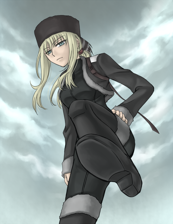 bolero, cloud, clouds, coon_hat, darker_than_black, from_below, fur_hat, green_eyes