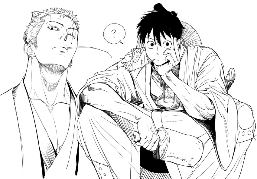 2boys, ?, boned_meat, commentary_request, earrings, feet_out_of_frame, food, gimgyeon_(dog_0987)