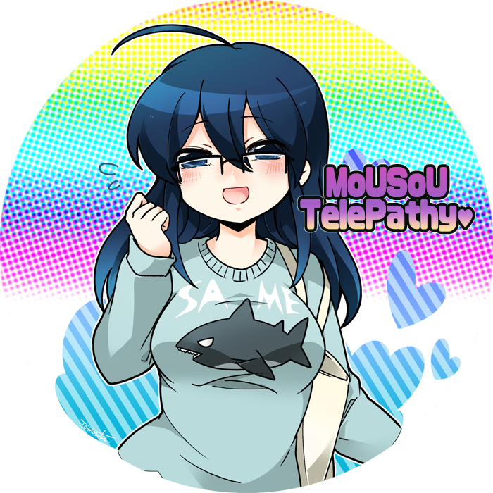 1girl, :d, ahoge, bag, black-framed_eyewear, blue_eyes, blue_hair, blue_shirt