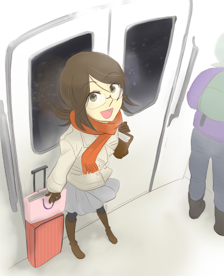 boots, brown_eyes, brown_hair, from_above, fujiyoshi_harumi, glasses, jacket, looking_up