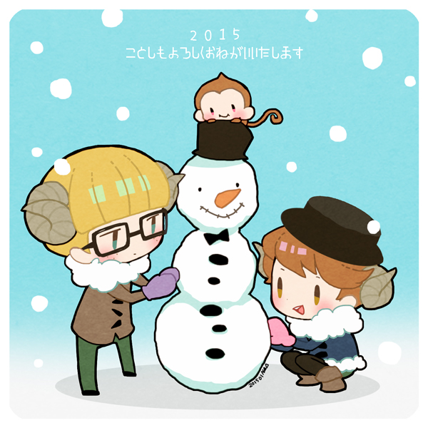 2015, 2boys, 73_(naa), animal, black_bow, black_bowtie, black_socks, blonde_hair