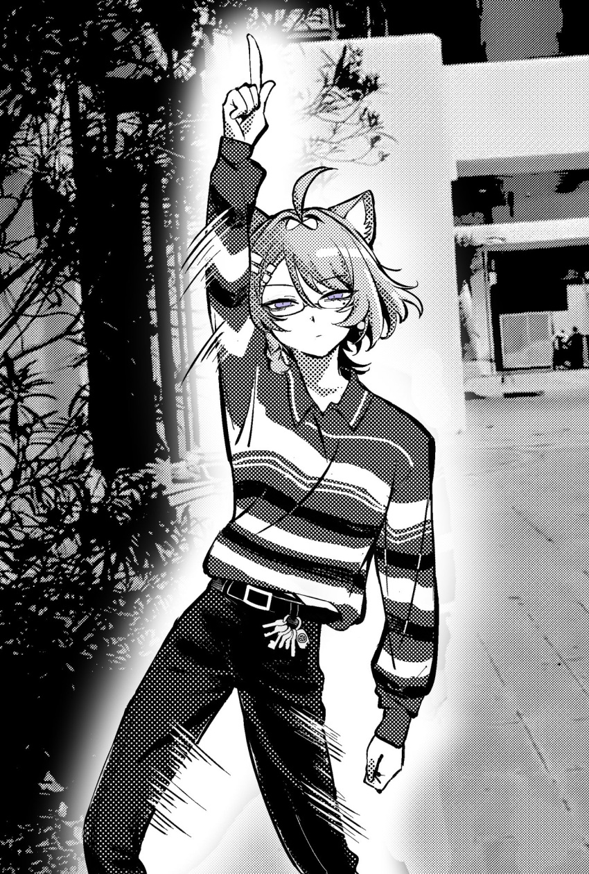 1girl, ahoge, animal_ears, arm_up, belt, closed_mouth, greyscale, highres