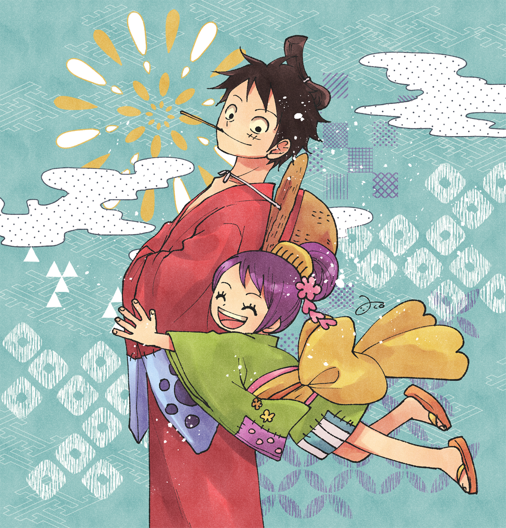 1boy, 1girl, :d, aco_peda, aqua_background, black_eyes, black_hair, child