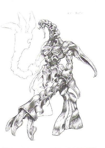 final_fantasy, final_fantasy_vii, monochrome, official_art, open_mouth, ruby_weapon, sketch
