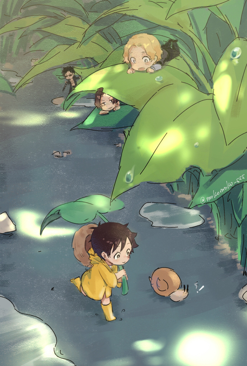 4boys, after_rain, black_eyes, black_hair, boots, burn_scar, dappled_sunlight, day, dew_drop, full_body, hat, hat_on_back, hiding, highres, leaf_umbrella, looking_at_viewer, lying, male_focus, mini_person, miniboy, moko_(gloriaaaaaa), monkey_d._luffy, multiple_boys, nature, on_stomach, one_piece, outdoors, portgas_d._ace, puddle, rubber_boots, running, sabo_(one_piece), scar, scar_on_cheek, scar_on_face, short_hair, smile, snail, straw_hat, sunglasses, sunlight, trafalgar_law, water_drop, yellow_raincoat