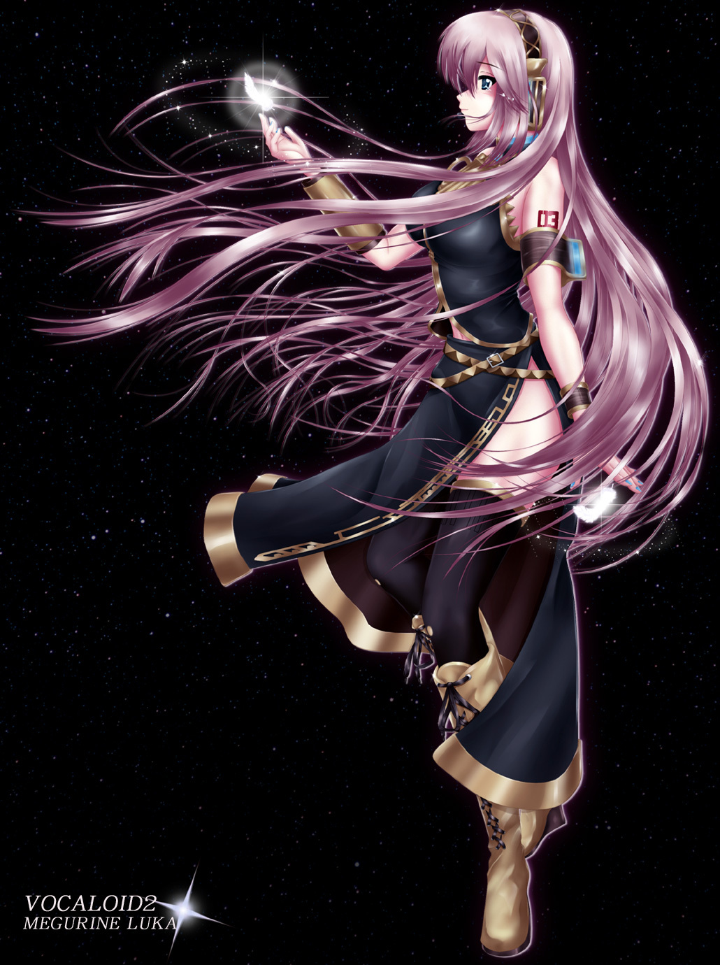 ass, bare_shoulders, belt, big_breasts, black_legwear, black_thighhighs, blue_eyes, boots, breasts, brown_boots, dress, feathers, headset, highres, large_breasts, legs, lips, long_dress, long_hair, megurine_luka, nohoho_(kakikonchi), pink_hair, side_slit, solo, space, sparkle, star, tears, thigh-highs, thighhighs, very_long_hair, vocaloid, wind