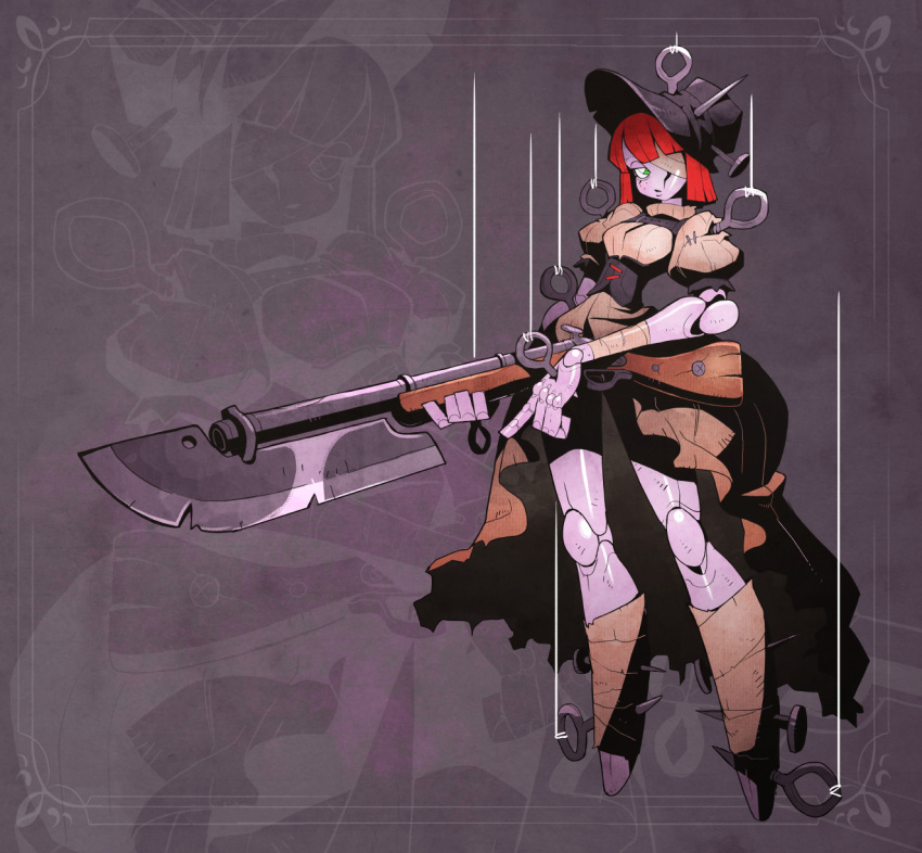 1girl, antique_firearm, bandage_over_one_eye, bandaged_arm, bandaged_leg, bandages, bayonet, black_corset, black_headwear, blunt_bangs, bonnet, breasts, colored_skin, corset, cracked_skin, digitigrade, doll_joints, douglas_harvey, dress, firelock, flintlock, full_body, green_eyes, gun, high-low_skirt, highres, holding, holding_weapon, impaled, inset_border, joints, long_dress, looking_at_viewer, marionette, medium_breasts, musket, nail, narrow_waist, no_feet, one_eye_covered, original, pointing, pointing_down, projected_inset, puffy_short_sleeves, puffy_sleeves, puppet, puppet_strings, purple_background, purple_skin, redhead, shadow, short_sleeves, simple_background, solo, standing, stitches, thighs, torn_clothes, weapon