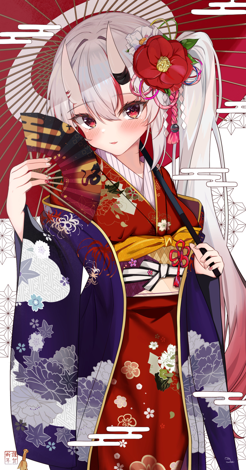 1girl, absurdres, blush, commentary_request, flower, folding_fan, gradient_hair, hair_between_eyes