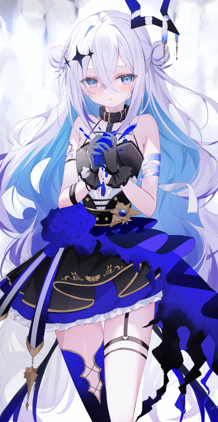 1girl, absurdres, amane_kanata, amane_kanata_(another_world), asymmetrical_legwear, black_dress, black_gloves, blue_eyes