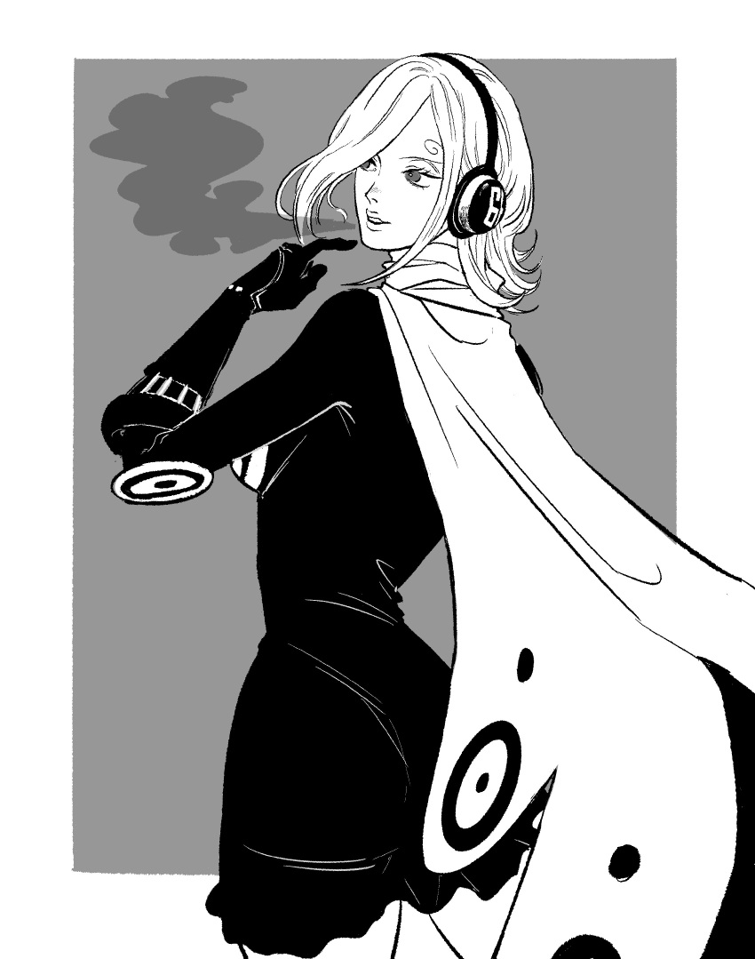 1girl, absurdres, commentary, cowboy_shot, curly_eyebrows, dress, english_commentary, gloves, grey_background, greyscale, highres, looking_to_the_side, medium_hair, monochrome, one_piece, short_dress, simple_background, solo, vinsmoke_reiju, wings, yao_yasan