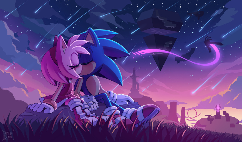 1boy, 1girl, absurdres, amy_rose, artist_name, boots, closed_eyes, clouds, drstarline, furry, furry_female, furry_male, gloves, grass, highres, holding_hands, kiss, night, night_sky, outdoors, red_footwear, shoes, shooting_star, sky, sonic_(series), sonic_the_hedgehog, star_(sky), starry_sky, two-tone_footwear, white_footwear, white_gloves