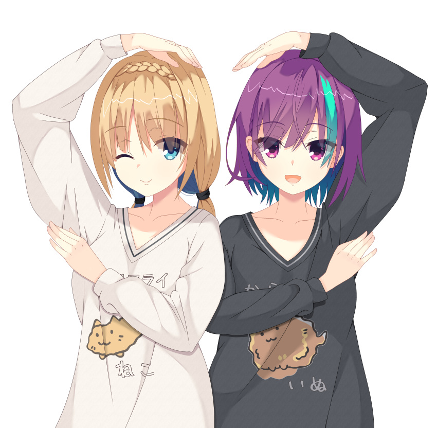 2girls, :3, :d, ;), absurdres, aqua_hair, arm_up, black_shirt