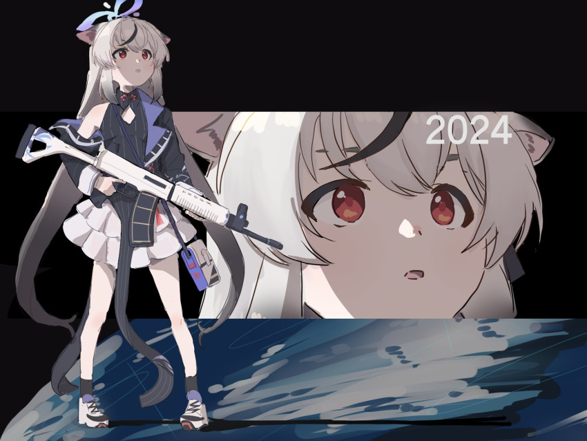 1girl, 2024, :o, animal_ears, assault_rifle, bag, black_dress, black_hair