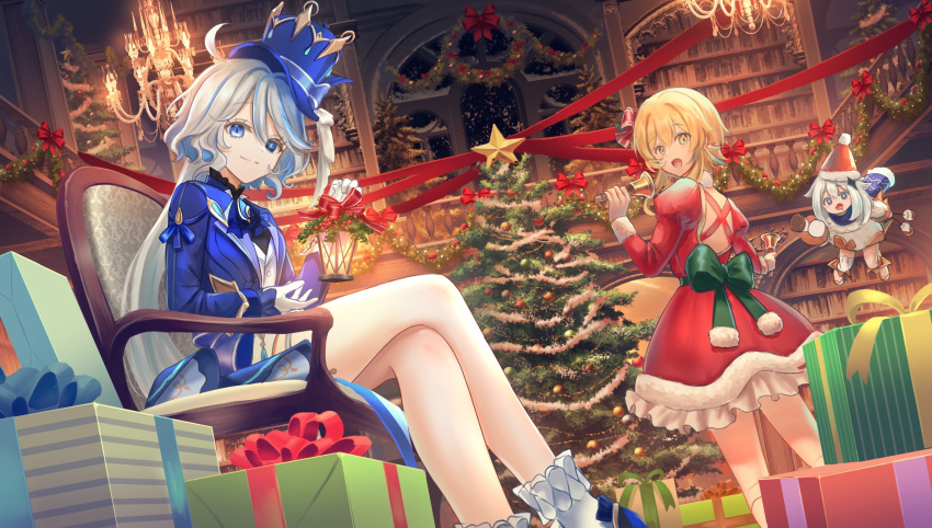 3girls, :d, asagi_futsuka, bell, blonde_hair, blue_hair, blue_headwear, blue_jacket