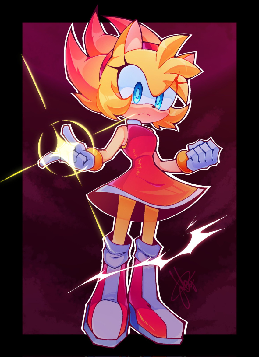 1girl, amy_rose, blue_eyes, boots, clenched_hand, dress, furry, furry_female