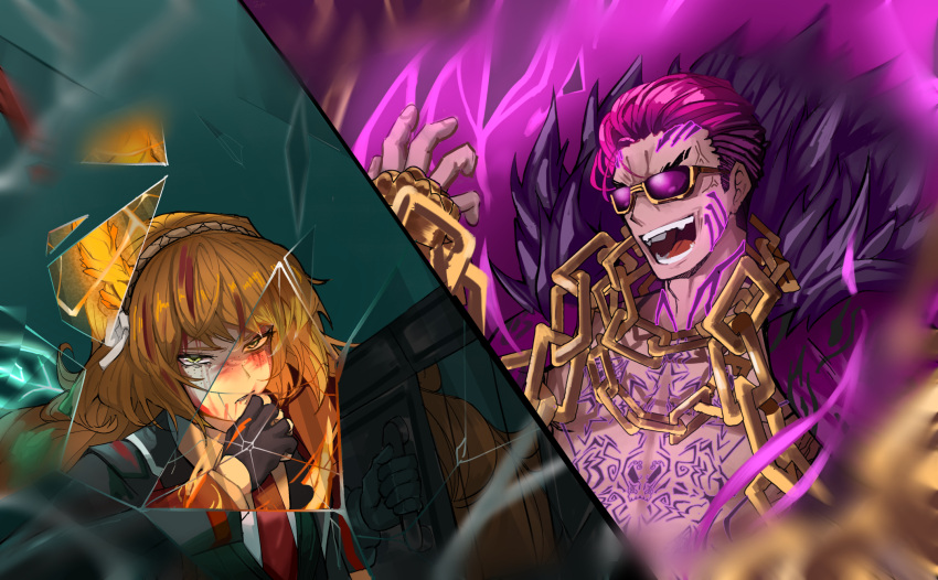 1boy, 1girl, anger_vein, antlers, aura, ballistic_shield, black_coat, black_gloves