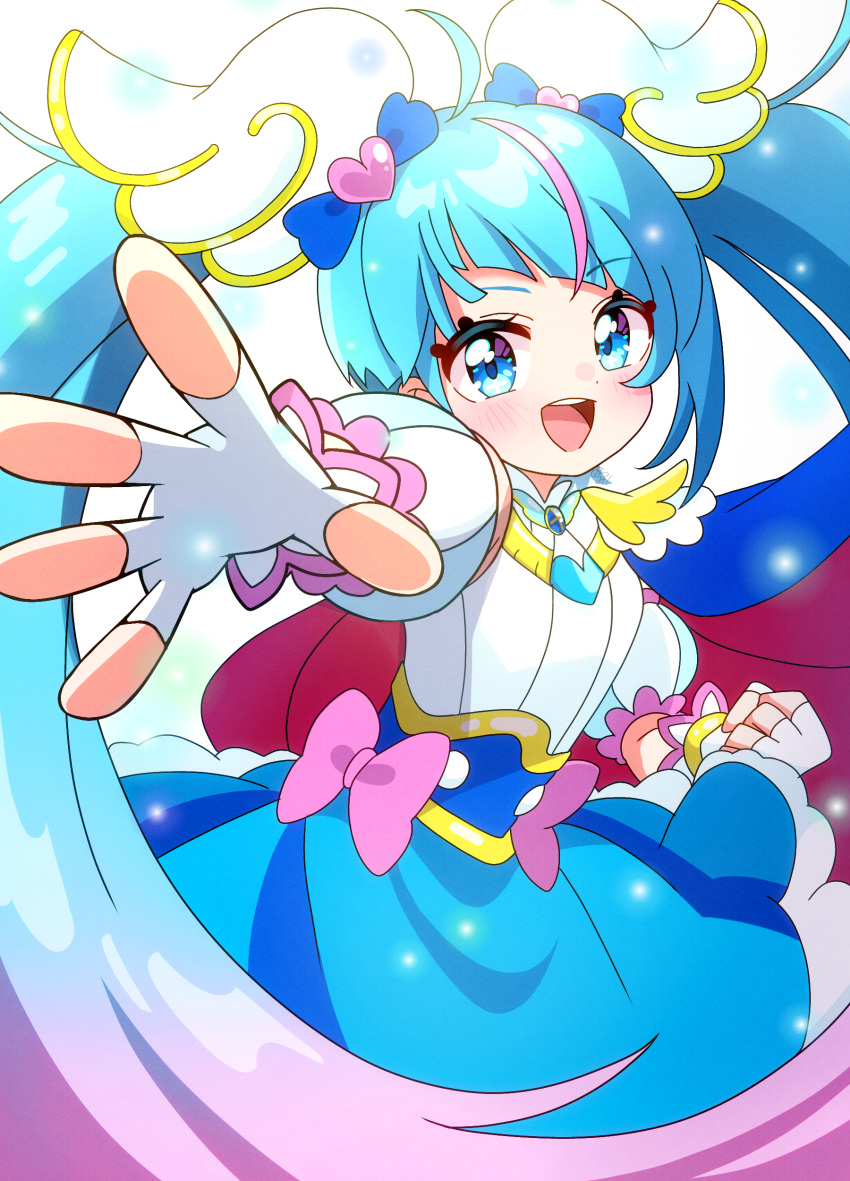 absurdres, blue_eyes, blue_hair, blunt_bangs, blush, bow, cape, clenched_hand