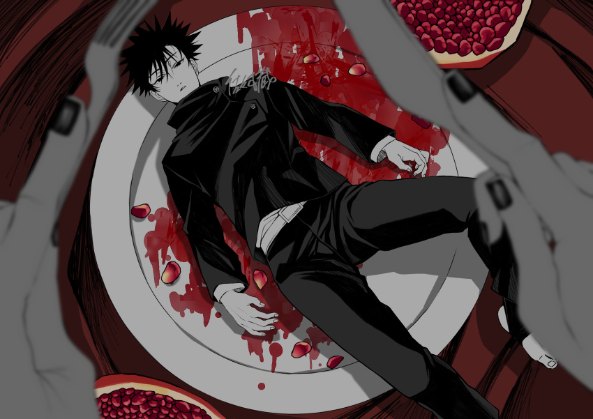 1boy, 1other, absurdres, belt, black_hair, black_jacket, black_nails, black_pants, commentary_request, expressionless, fake_blood, fingernails, food, foot_out_of_frame, fork, from_above, fruit, fushiguro_megumi, highres, holding, holding_fork, holding_knife, jacket, jujutsu_kaisen, jujutsu_tech_uniform, knife, limited_palette, male_focus, mini_person, miniboy, on_plate, pants, parted_lips, plate, pomegranate, pov, red_background, sasaki_kura, school_uniform, shirt, shirt_tucked_in, signature, solo_focus, table_knife, toenails, white_belt, white_shirt