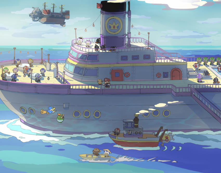 6+boys, ^_^, aircraft, airship, blue_headwear, blue_overalls, blue_robe, blue_sky
