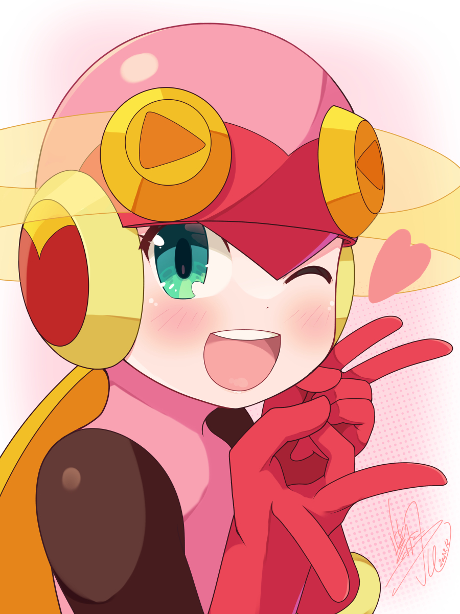 1girl, ;d, blonde_hair, bodysuit, double_v, gloves, green_eyes, heart