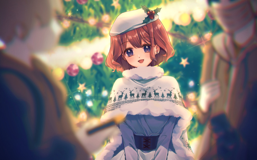 1girl, 2boys, belt, beret, blue_eyes, blurry, blurry_foreground, blush