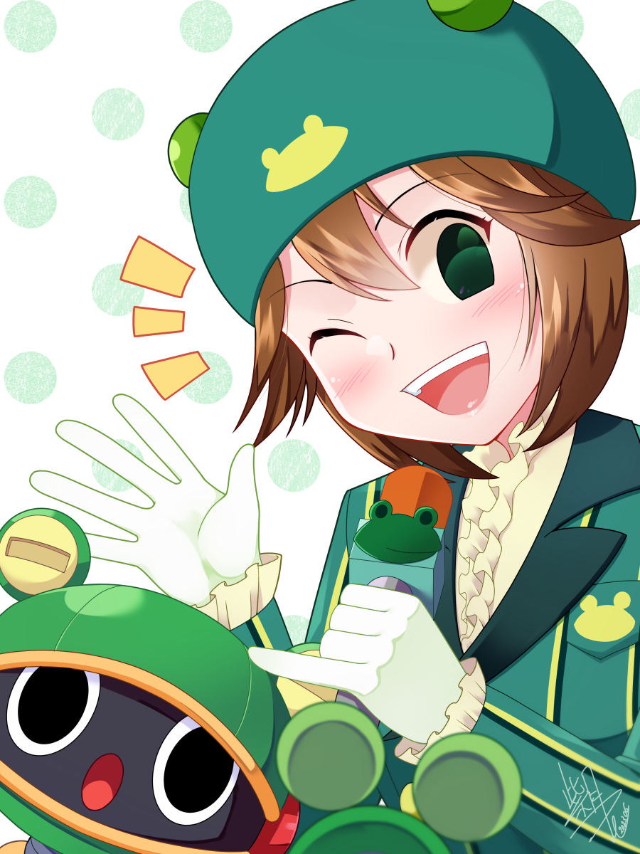 1boy, 1girl, ;d, brown_hair, gloves, green_eyes, hair_between_eyes, hat